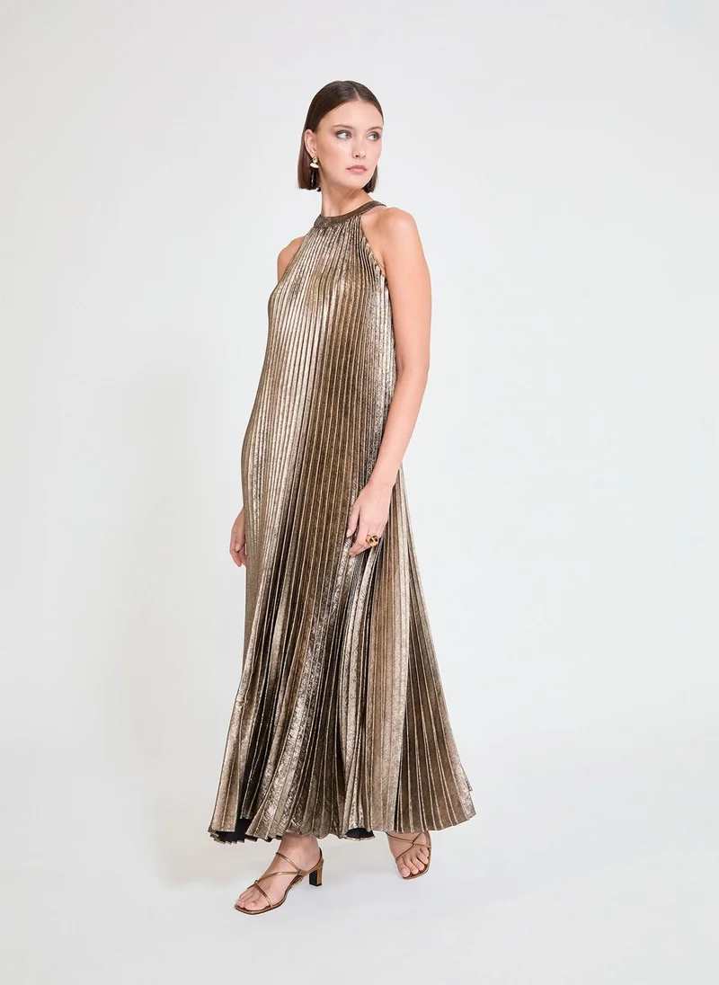 لولا كساديمونت Gold Pleated Halter Dress